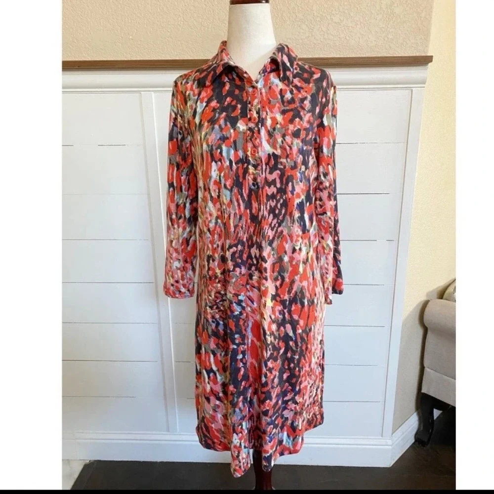 CAbi Abstract Watercolor Long Sleeve Jersey‎ Shift Dress Style# 374 M - Picture 6 of 15